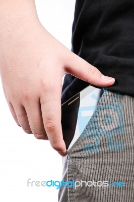 Smartphone With A Black Screen In The Pocket Of Jeans Stock Photo