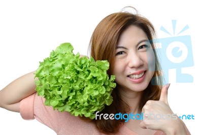 Smile Asian Woman Give Thumb To Hydroponics Green Oak Vegetable Stock Photo