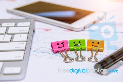 Smile Paper Clips, Keyboard, Pen, Tablet And Documents Stock Photo