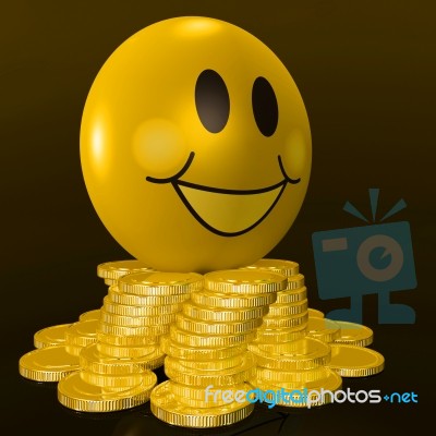 Smiley Face With Coins Shows Profitable Earnings Stock Image