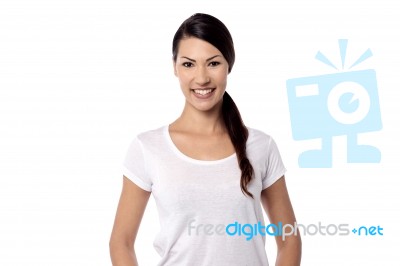 Smiling Beautiful Woman Posing In Casuals Stock Photo