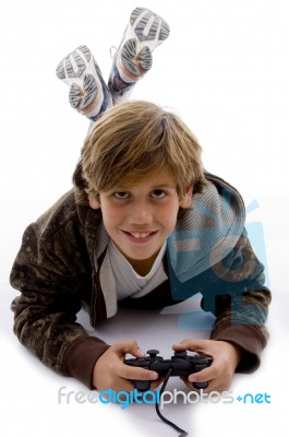 Smiling Boy With Joystick Stock Photo