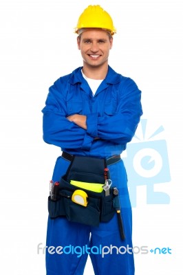 Smiling Builder Wearing Helmet Stock Photo