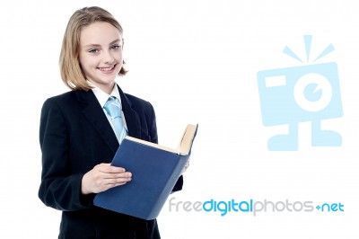 Smiling Business Girl Reading A Book Stock Photo