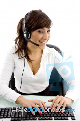 Smiling Business Lady With Headset Stock Photo