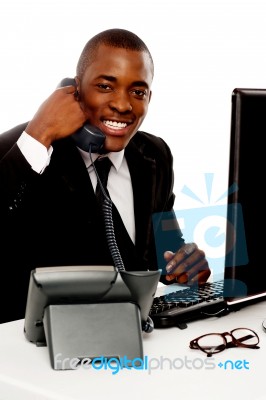 Smiling Businessman Talking Phone Stock Photo