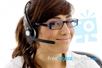 Smiling call center lady Stock Photo