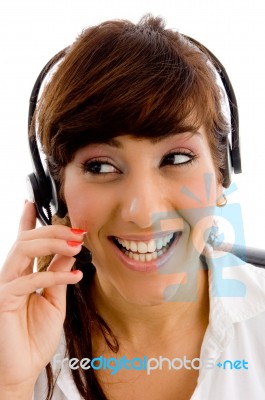 Smiling call center lady Stock Photo