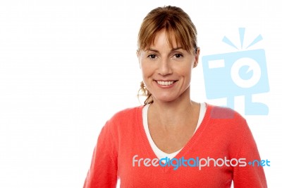 Smiling Caucasian Woman On White Background Stock Photo