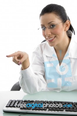 Smiling Doctor With Keyboard Stock Photo