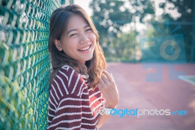 Smiling Face Happiness Emotion Of Asian Younger Woman With No Make Up Face Stock Photo