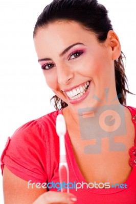 Smiling Girl Holding Tooth Brush Stock Photo