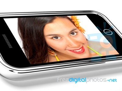 Smiling Girl On Mobile Screen Stock Image