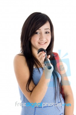 Smiling Girl Posing With Microphone Stock Photo