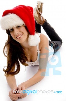 Smiling Girl Wearing Santa Hat Stock Photo