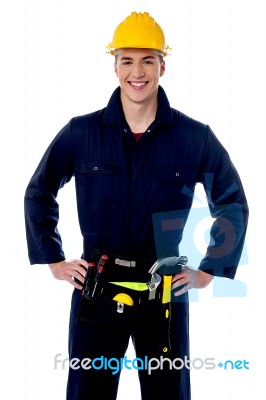 Smiling Handyman Isolated Over White Stock Photo