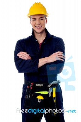 Smiling Handyman Isolated Over White Stock Photo