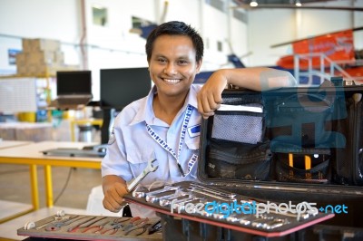 Smiling Helicopter Engineer Stock Photo