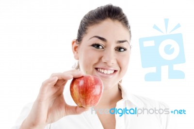 Smiling Lady Holding Apple Stock Photo