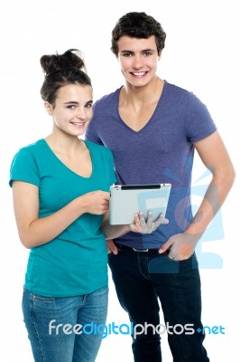 Smiling Lady Holding Tablet Pc Stock Photo