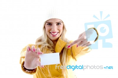 Smiling lady pointing Business Card Stock Photo