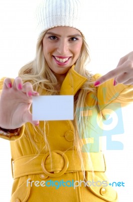 Smiling lady pointing Business Card Stock Photo