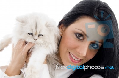 smiling lady Posing With Her cat Stock Photo