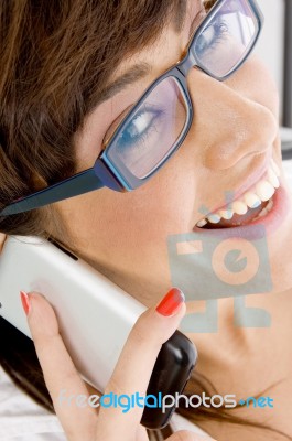 smiling lady Talking Over Phone Stock Photo