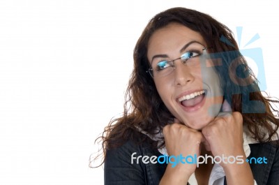 Smiling Lady With Chin Over Hands Stock Photo