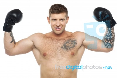 Smiling Male Boxer With Arms Raised Stock Photo