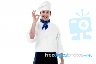 Smiling Male Chef Showing Ok Hand Sign Stock Photo