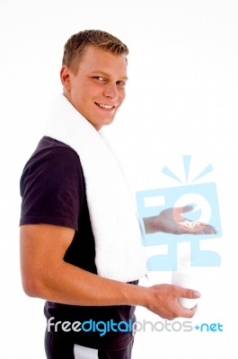 Smiling Male Showing steroid Stock Photo