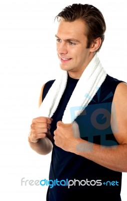 Smiling Man Holding Gym Towel Stock Photo