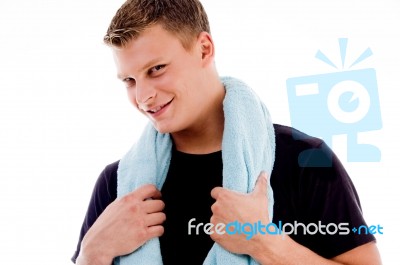 Smiling Man Holding Towel Stock Photo