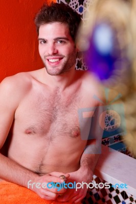 Smiling Man In Bathroom Stock Photo