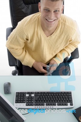 Smiling Man Looking Upward Stock Photo