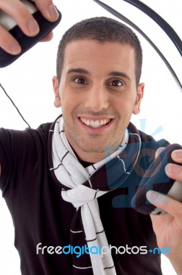 Smiling Man With Headphones Stock Photo