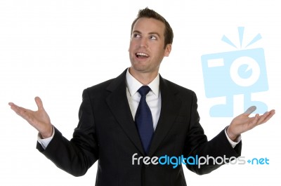 Smiling Man With Open Palms Stock Photo