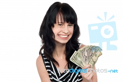 Smiling Pretty Girl With Cash Stock Photo