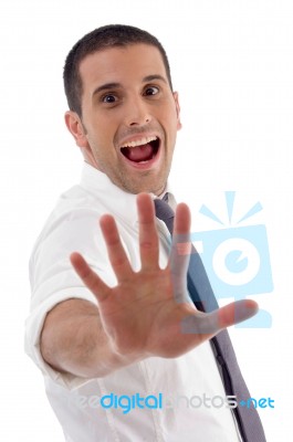 Smiling Professional Man Showing Palm Stock Photo