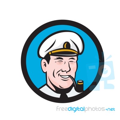 Smiling Sea Captain Smoking Pipe Circle Retro Stock Image