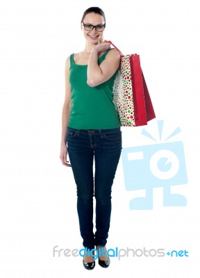 Smiling Shopping Lady Standing Stock Photo