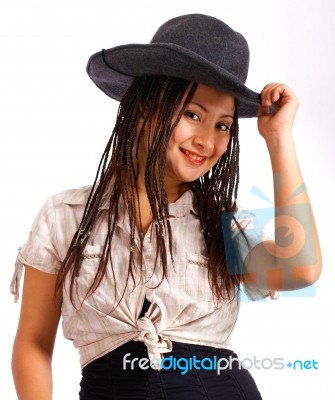 Smiling Stylish Cowgirl Stock Photo