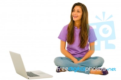 Smiling Teenage Girl With Laptop Stock Photo