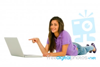 Smiling Teenage Girl With Laptop Stock Photo