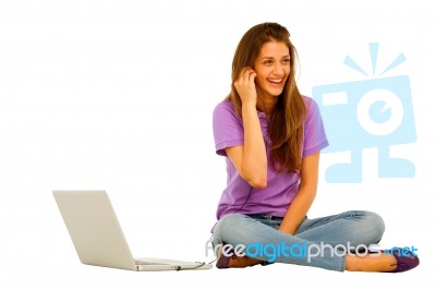 Smiling Teenage Girl With Laptop Stock Photo