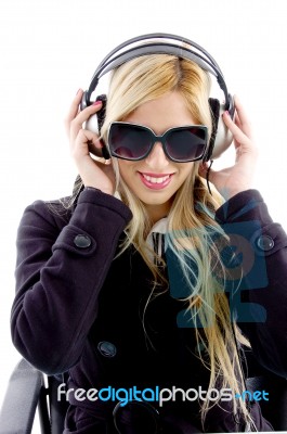 Smiling Woman Listening Music Stock Photo