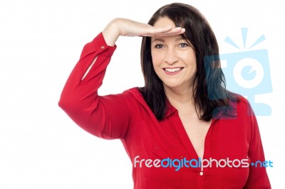 Smiling Woman Looking Forward, Isolated On White Stock Photo