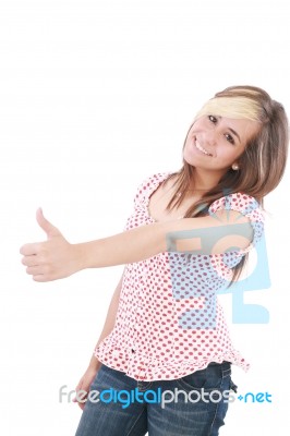 Smiling Woman Making Ok Sign Stock Photo