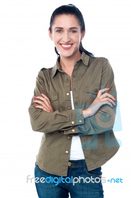 Smiling Woman Posing, Isolated Over A White Stock Photo